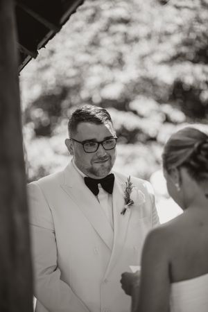 Black and white photo sequence showing candid reactions during a wedding ceremony.