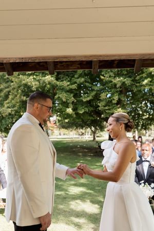 Joyful wedding celebration moments captured in an outdoor garden setting.
