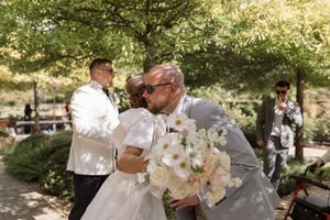 A wedding celebration collage showing outdoor reception moments with dancing and festivities in a garden setting.