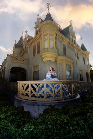 Victorian-style mansion with ornate balconies and turrets shown at different angles during sunset.