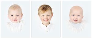 Three studio portraits showing different expressions against white backgrounds.