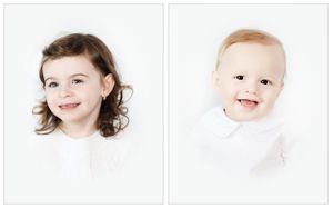 Two portrait photos side by side showing children in white outfits against light backgrounds.