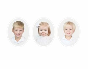 Set of three oval portraits of young children in white attire.