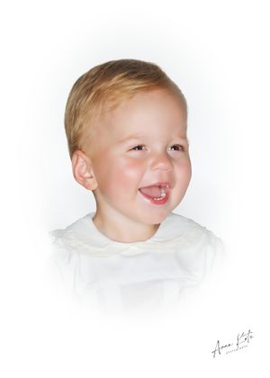 Close-up portrait of a joyful toddler laughing while wearing a white shirt against a white background.