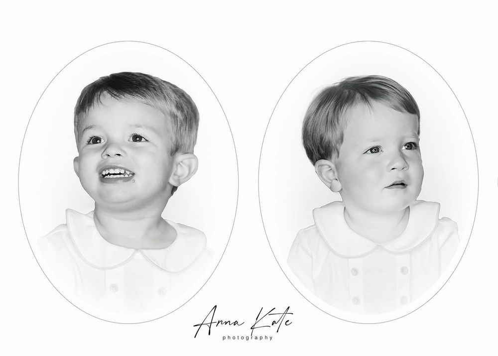 Black and white dual portrait showing contrasting expressions of the same child in oval frames.