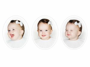 Trio of oval-framed portraits showing a baby's different expressions while wearing white.