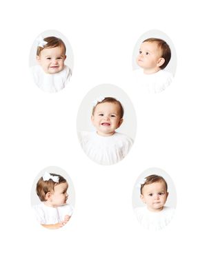 Multiple circular portraits of a baby in white clothing arranged in a grid pattern against a white background.
