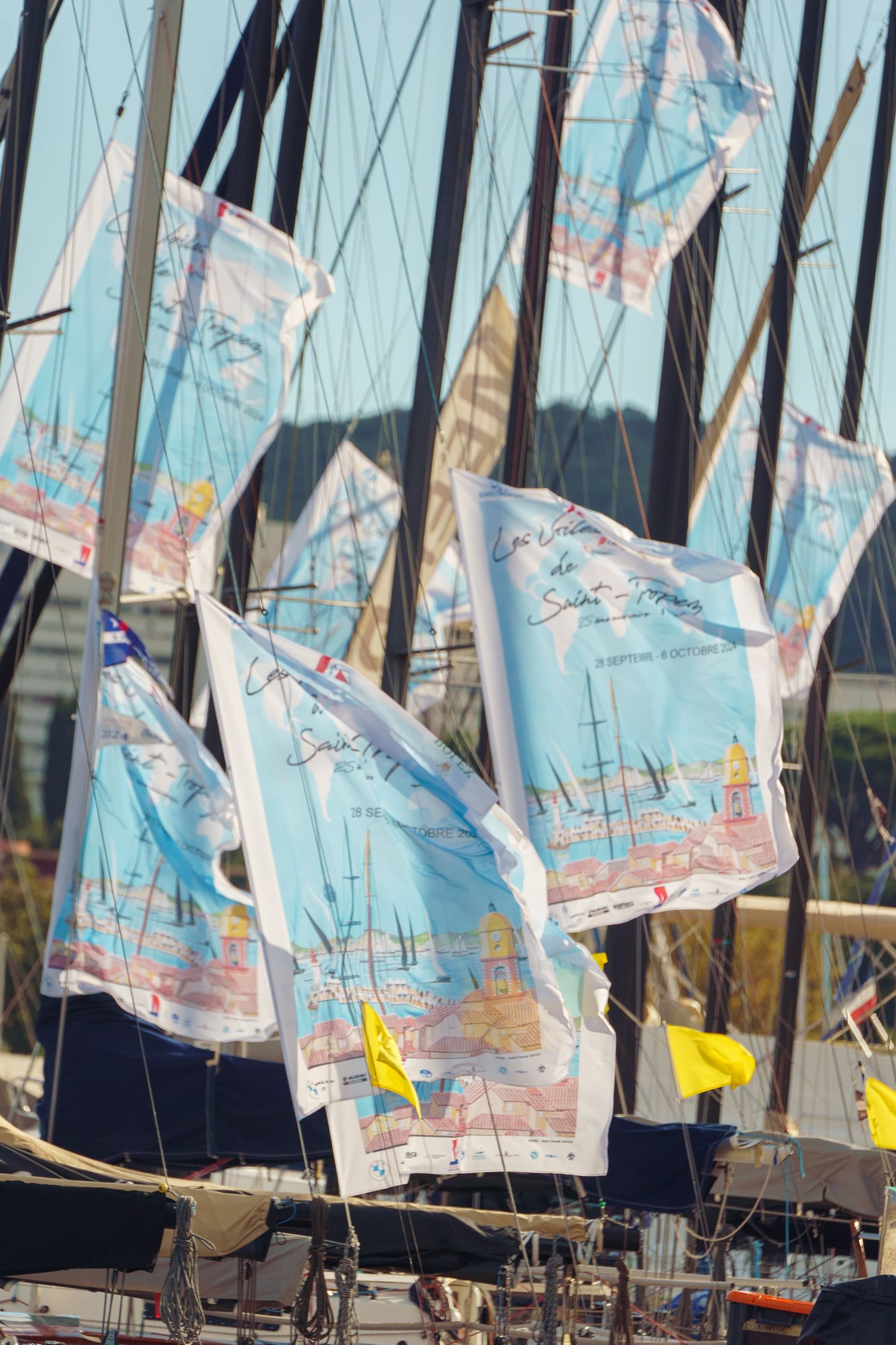 Decorative sailing flags with blue nautical designs fluttering among boat masts.