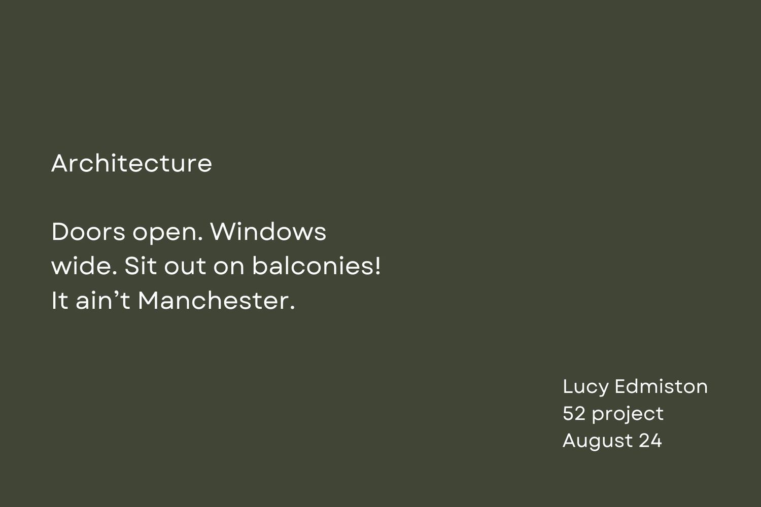 Text slide with poem about architecture and balconies on dark green background.