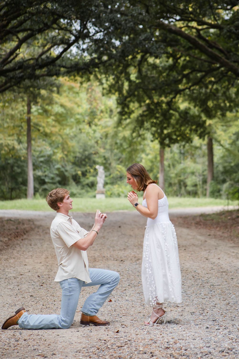 A romantic outdoor proposal moment captured in a wooded setting.