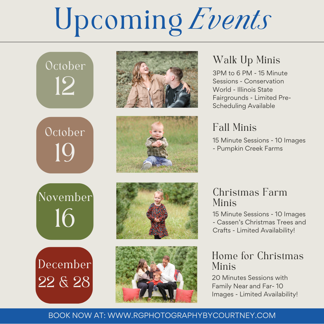 A promotional calendar displaying four seasonal mini photo session dates with sample photos for fall and holiday themed shoots.
