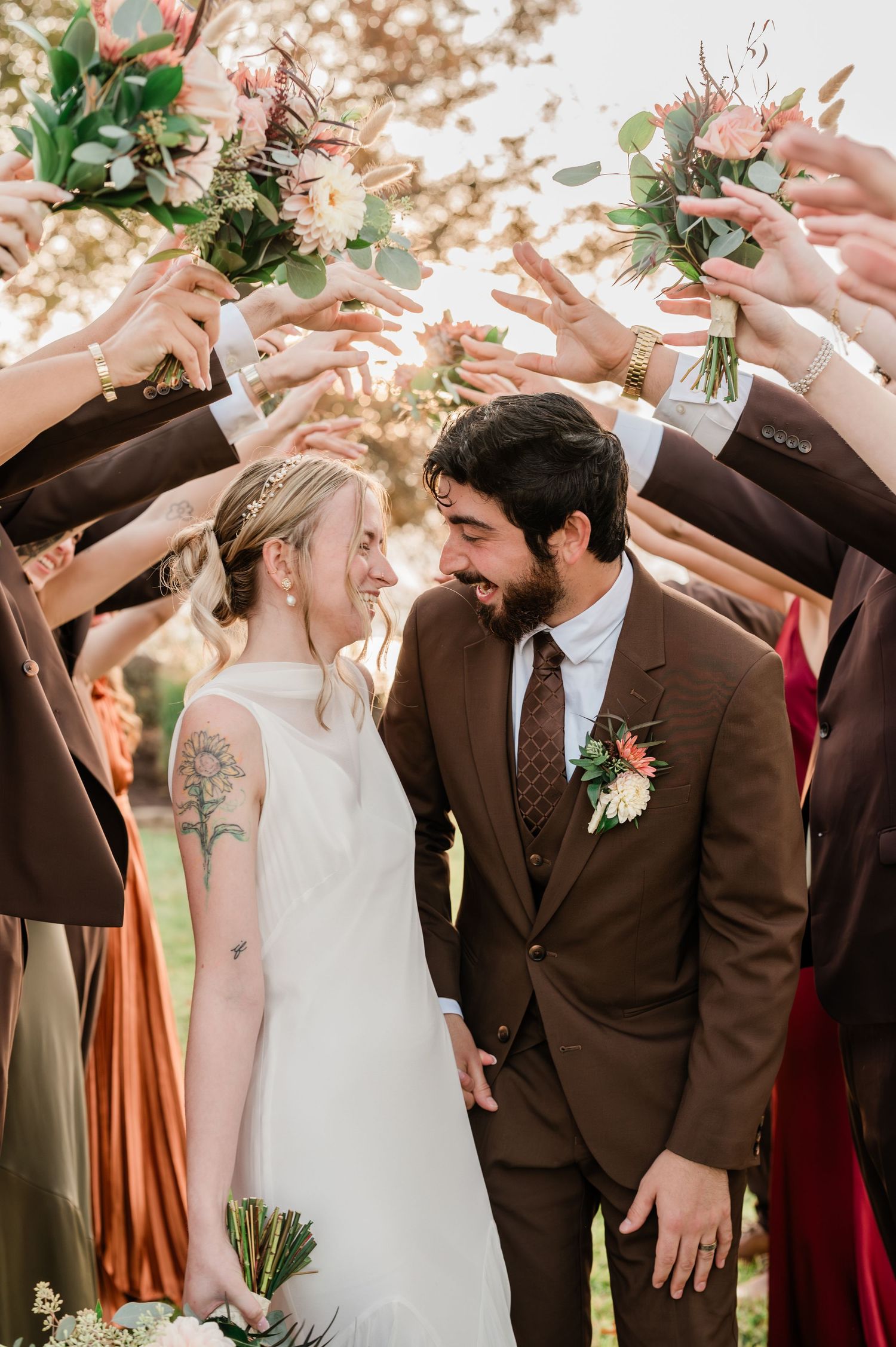 A romantic wedding photo series showing a couple in brown and white attire sharing sweet moments outdoors.