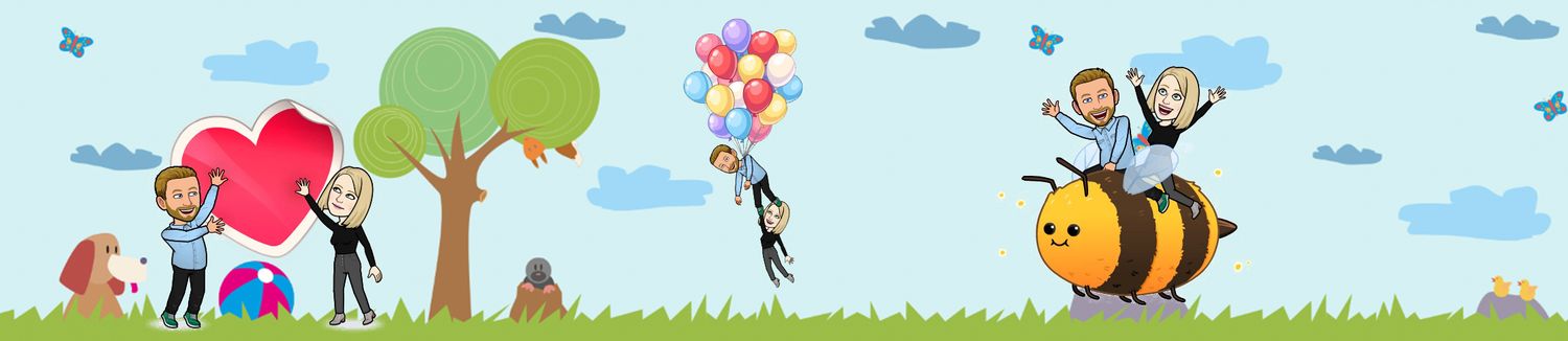 Colorful cartoon banner with whimsical characters and trees against blue sky background.