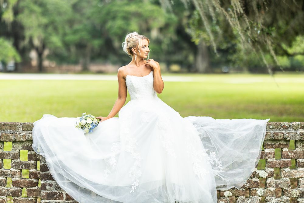 farm venue, farm wedding, bride, bridal portraits, bridal gown, wedding venue, South Carolina, middleton place, bride stone wall, white dres