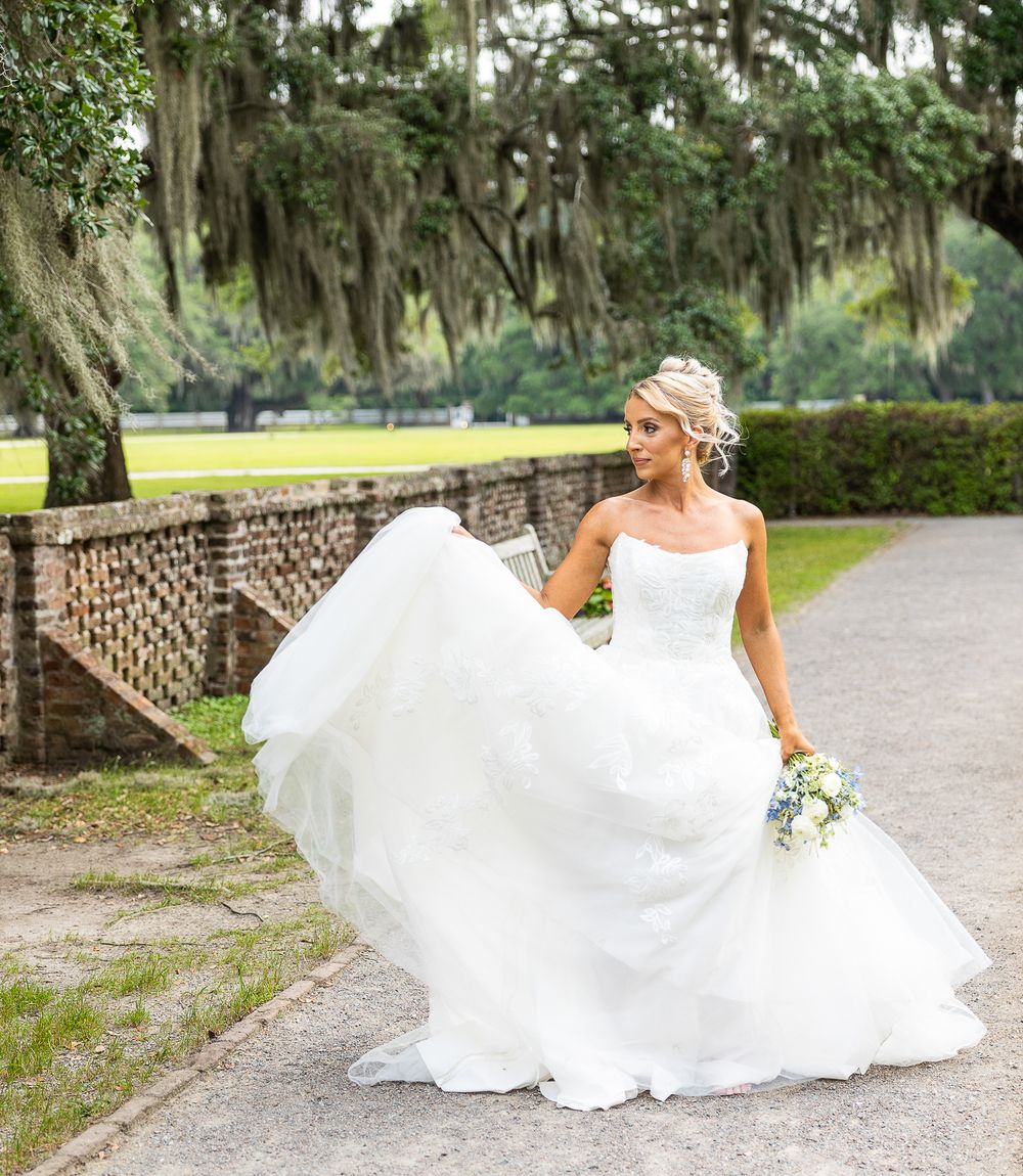 farm venue, farm wedding, bride, bridal portraits, bridal gown, wedding venue, South Carolina, middleton place, bride stone wall, white dres