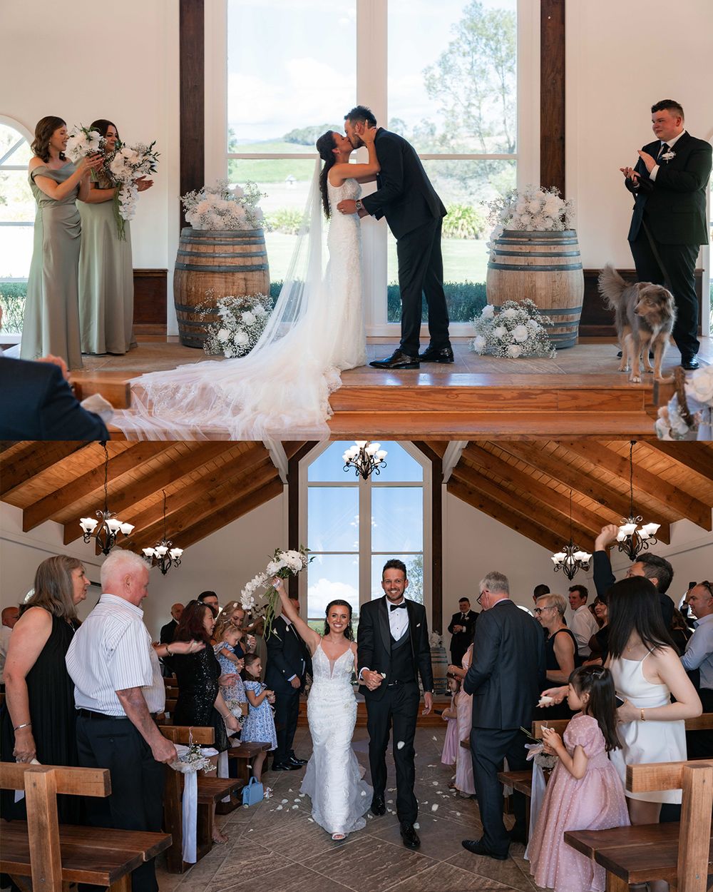 Bride and groom share first kiss then walk the aisle in elegant winery chapel wedding ceremony.