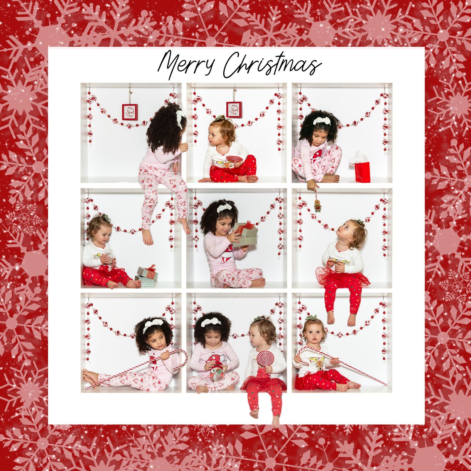 Holiday photo collage with nine frames arranged in square pattern on red snowflake background.