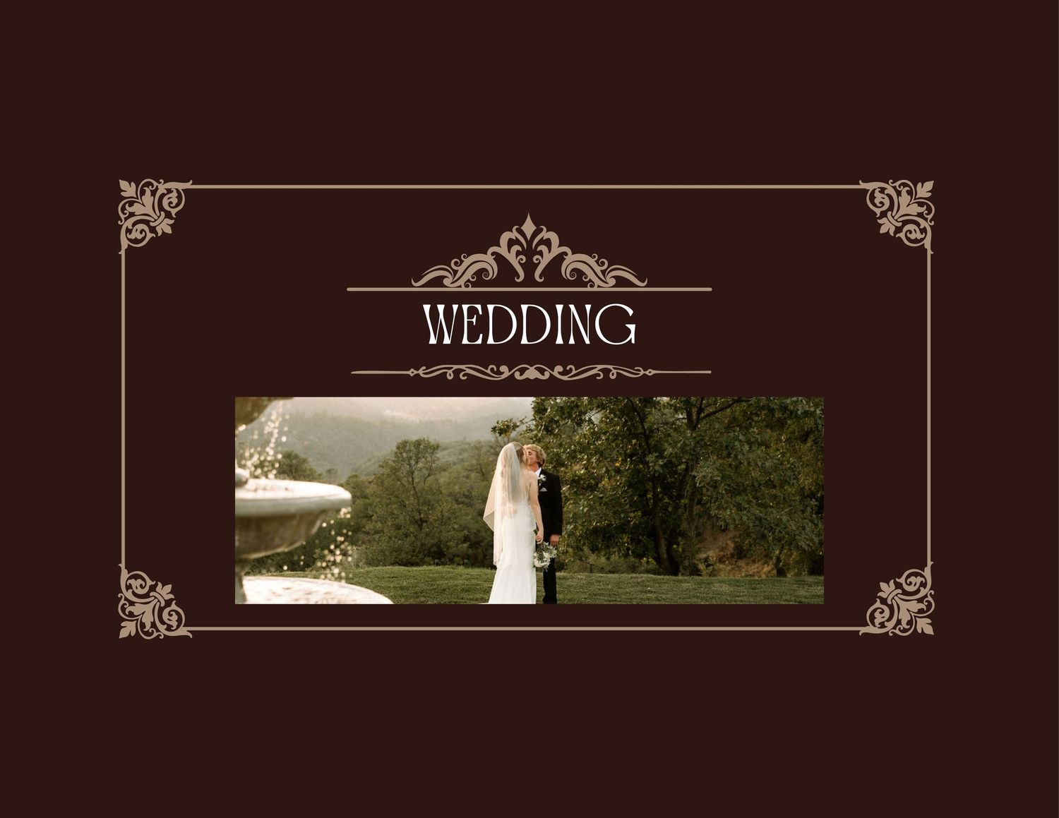 Elegant brown wedding photo album cover with ornate decorative borders and text against a dark background.