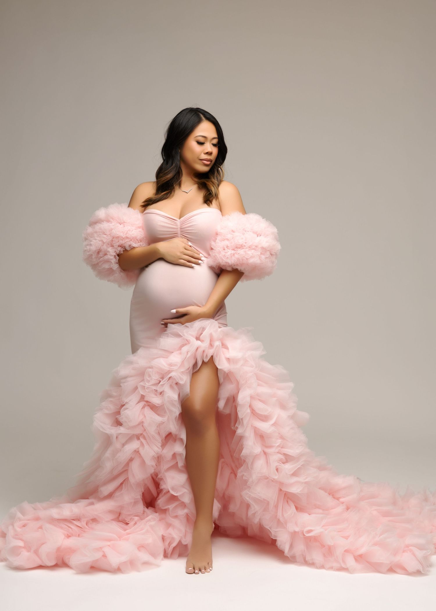 Studio maternity photos in Oklahoma City with couture gown