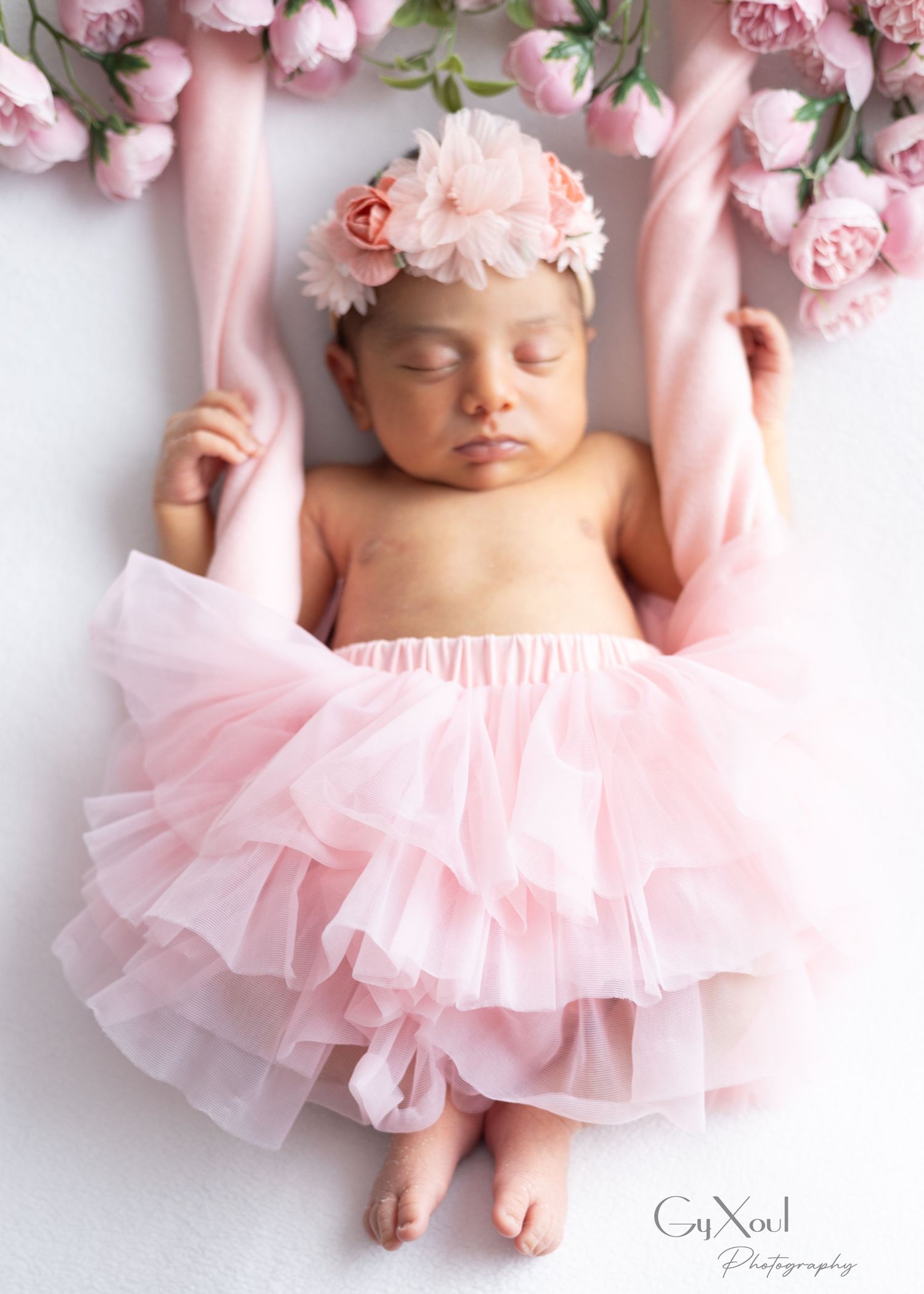 Artistic newborn photography with pink flowers and tulle tutus arranged in a delicate overhead composition.