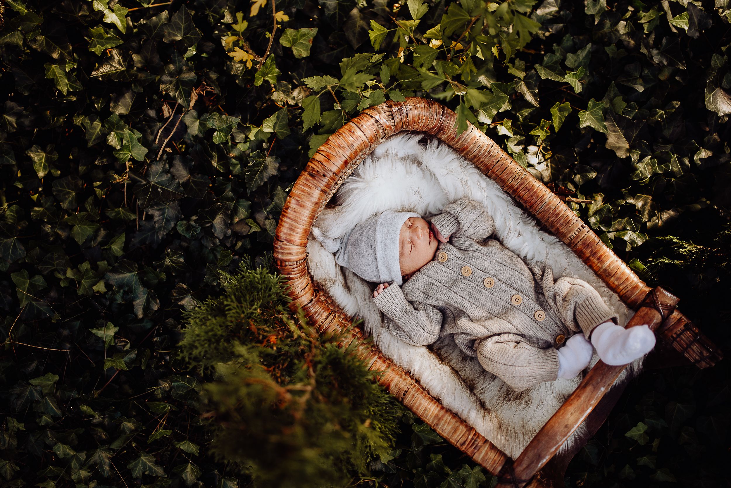 Empty wooden basket with white lining photographed from different angles against a dark background.