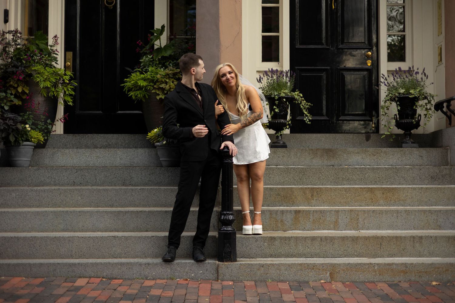 A sequence of wedding photos showing people standing on steps outside a building entrance.
