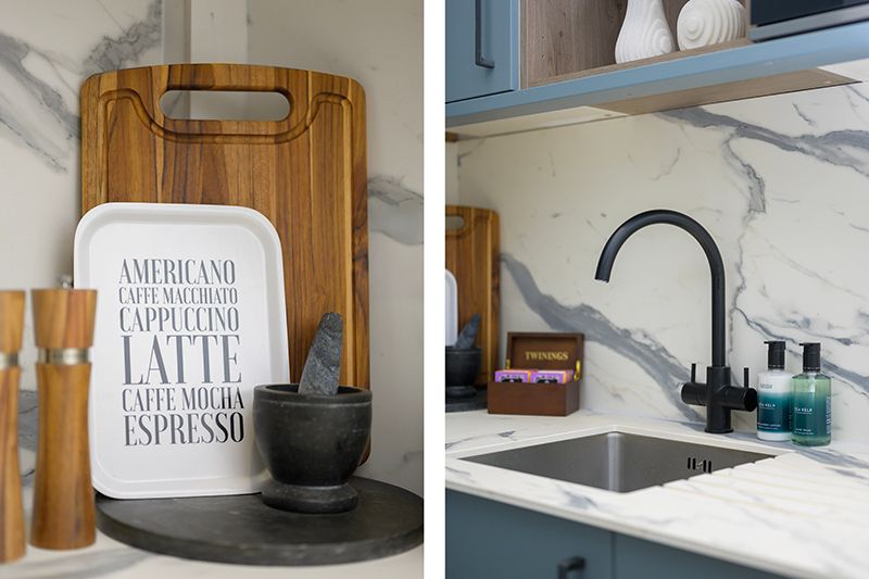 A series of modern kitchen countertop vignettes with coffee signs, white marble surfaces, and black fixtures.