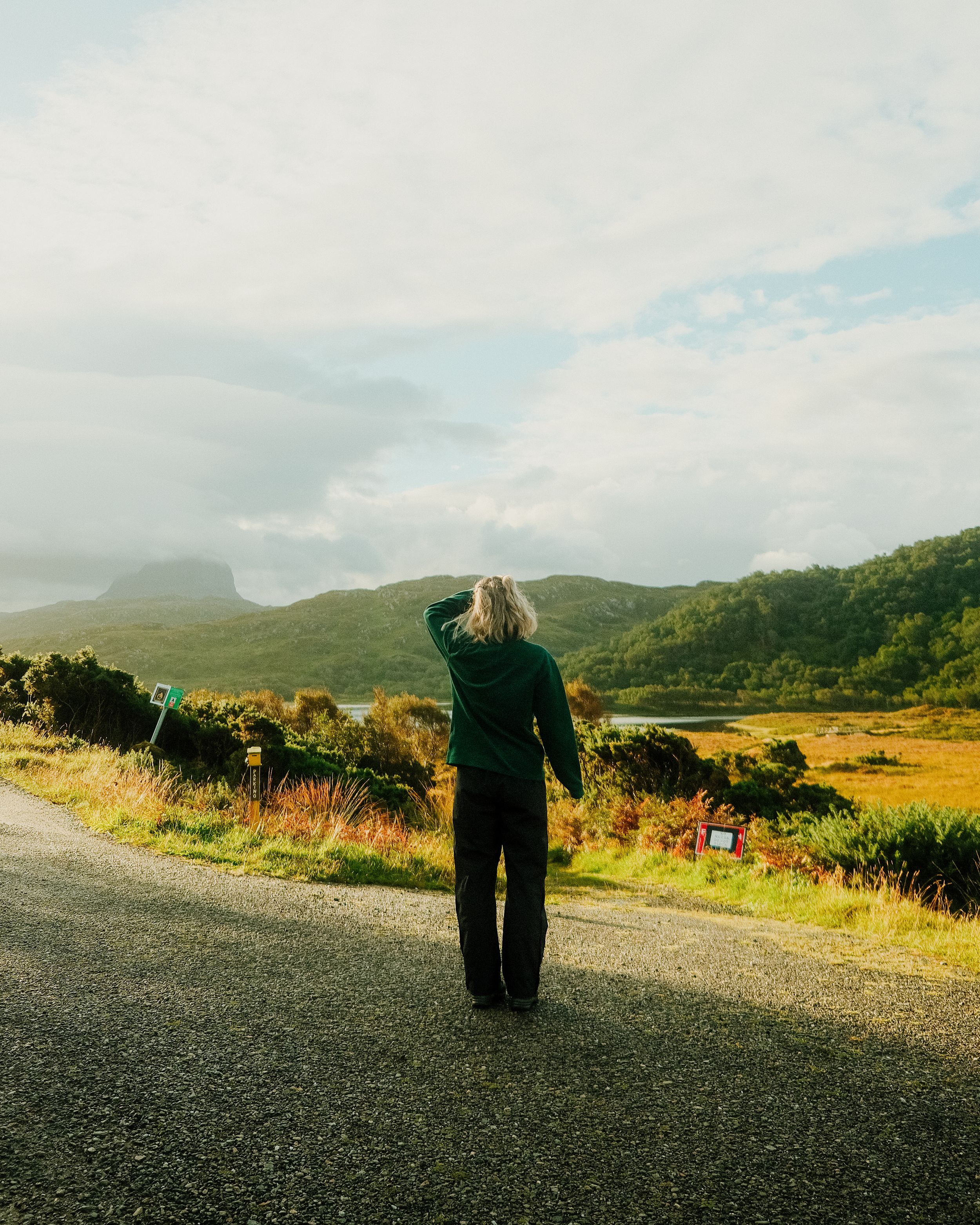 Elephant walking along a gravel road with mountains and grasslands in the scenic background under cloudy skies.