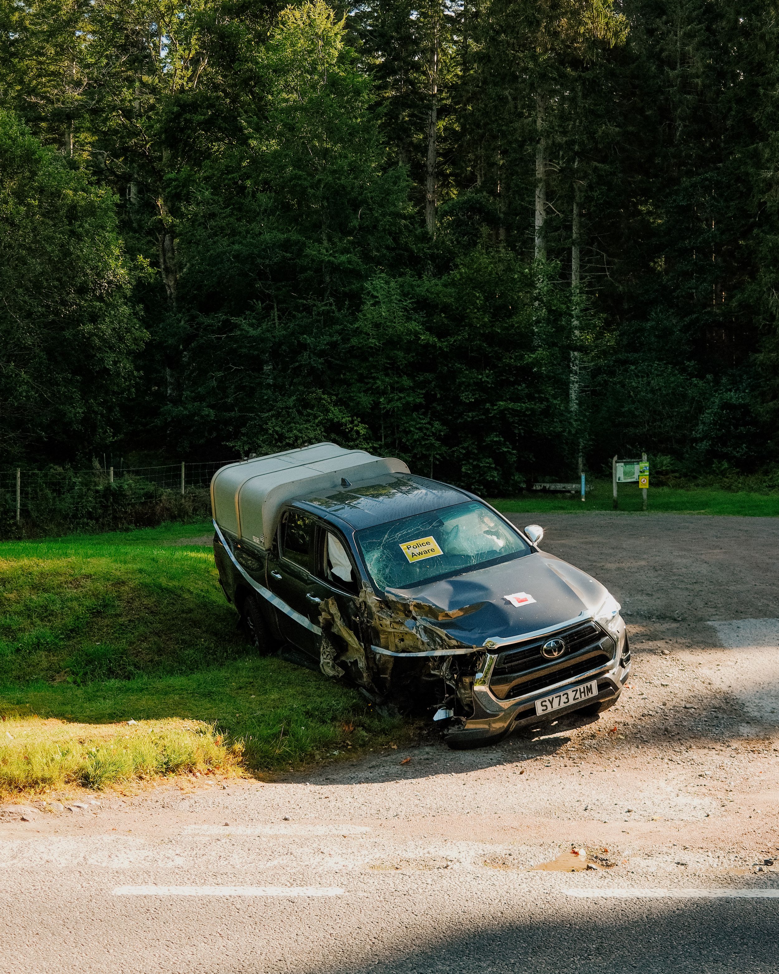 A sequence of five photos showing a dark colored vintage sports car parked at different angles in a wooded parking area.