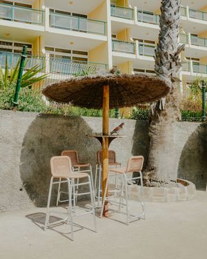 Outdoor patio area with wooden umbrellas and white chairs against a beige building wall with palm trees.