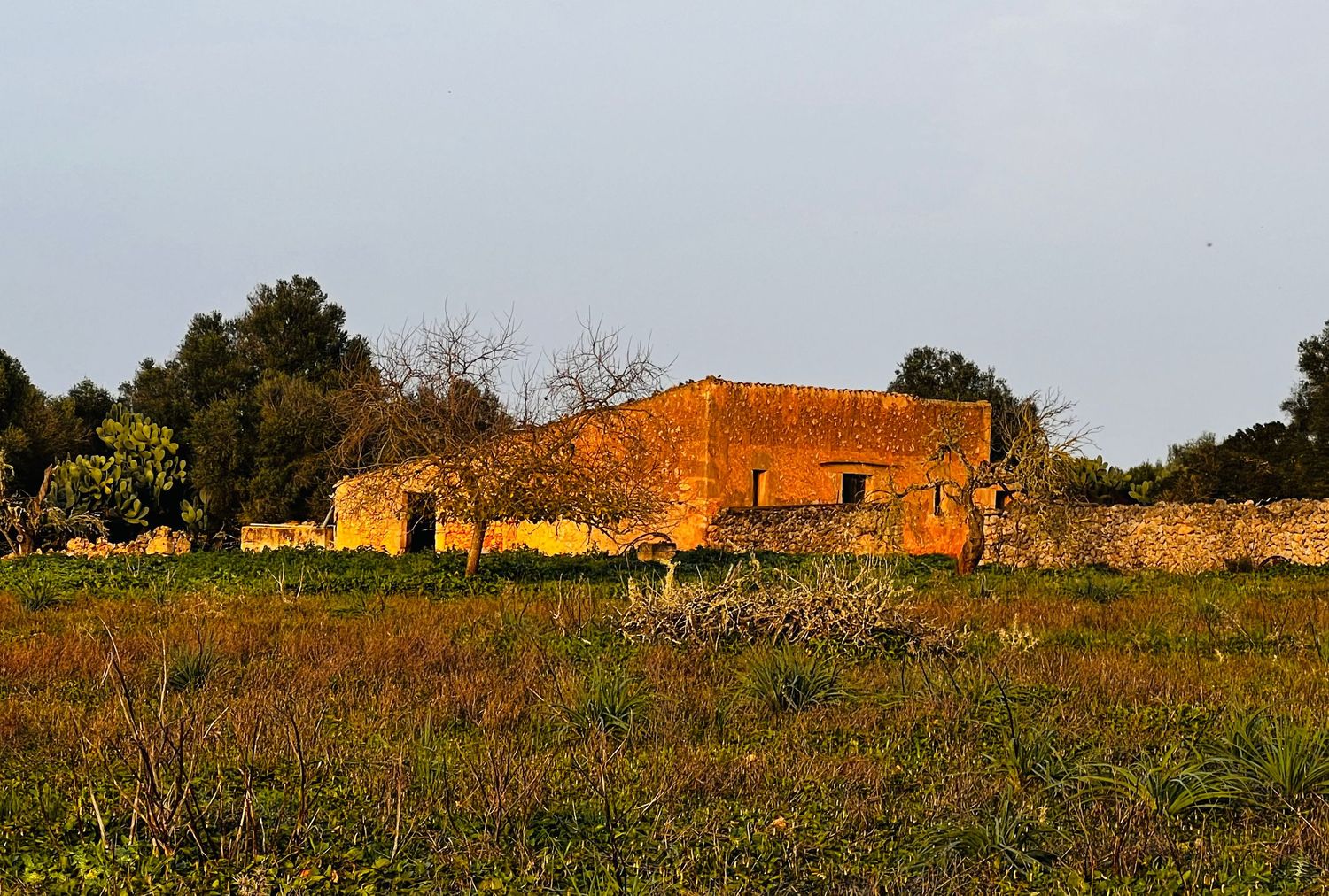 Panoramic view of rustic stone buildings nestled on a hilltop among green fields in rural countryside.