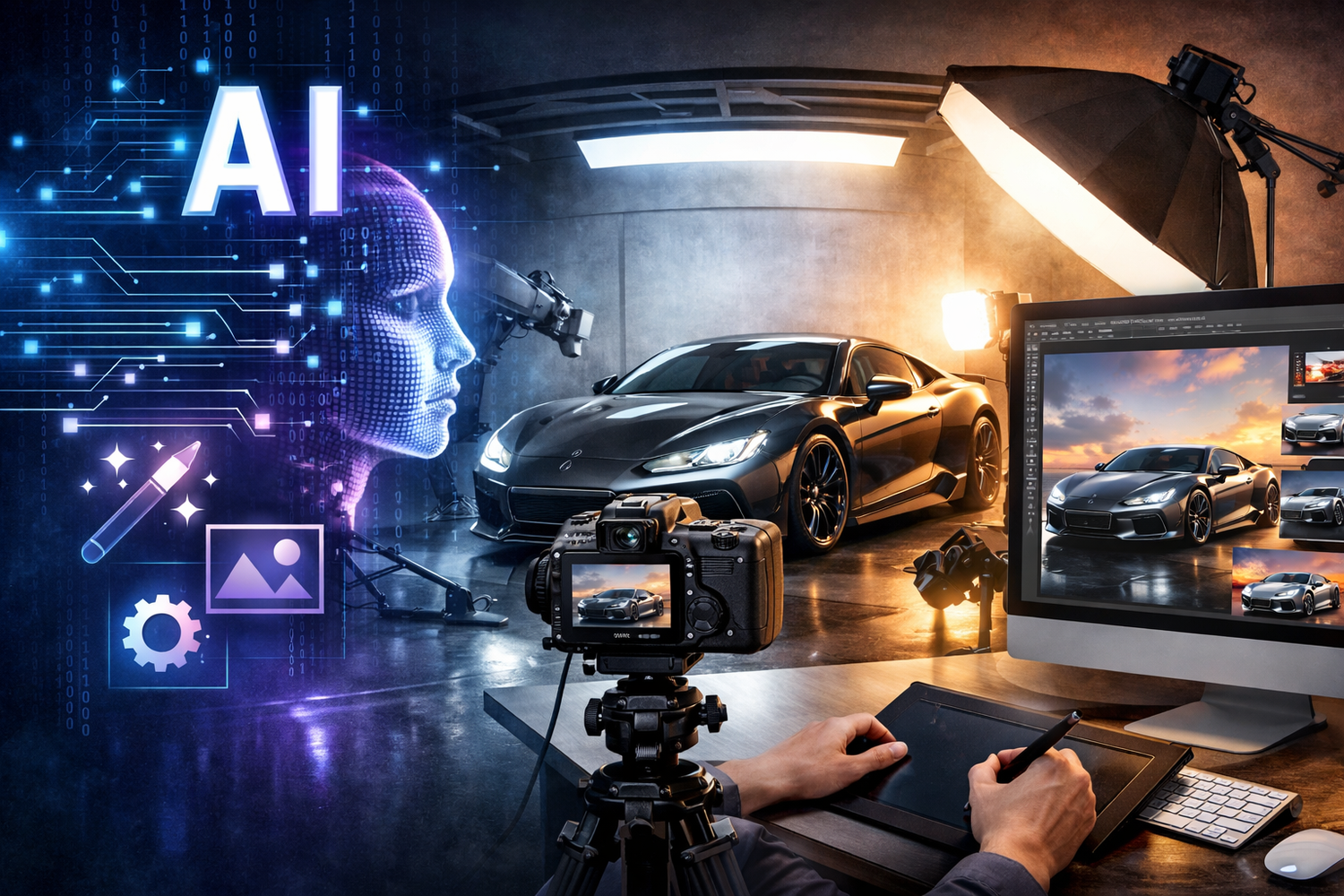 Montage of AI technology images showing computer screens, digital interfaces, and camera equipment in dark settings.
