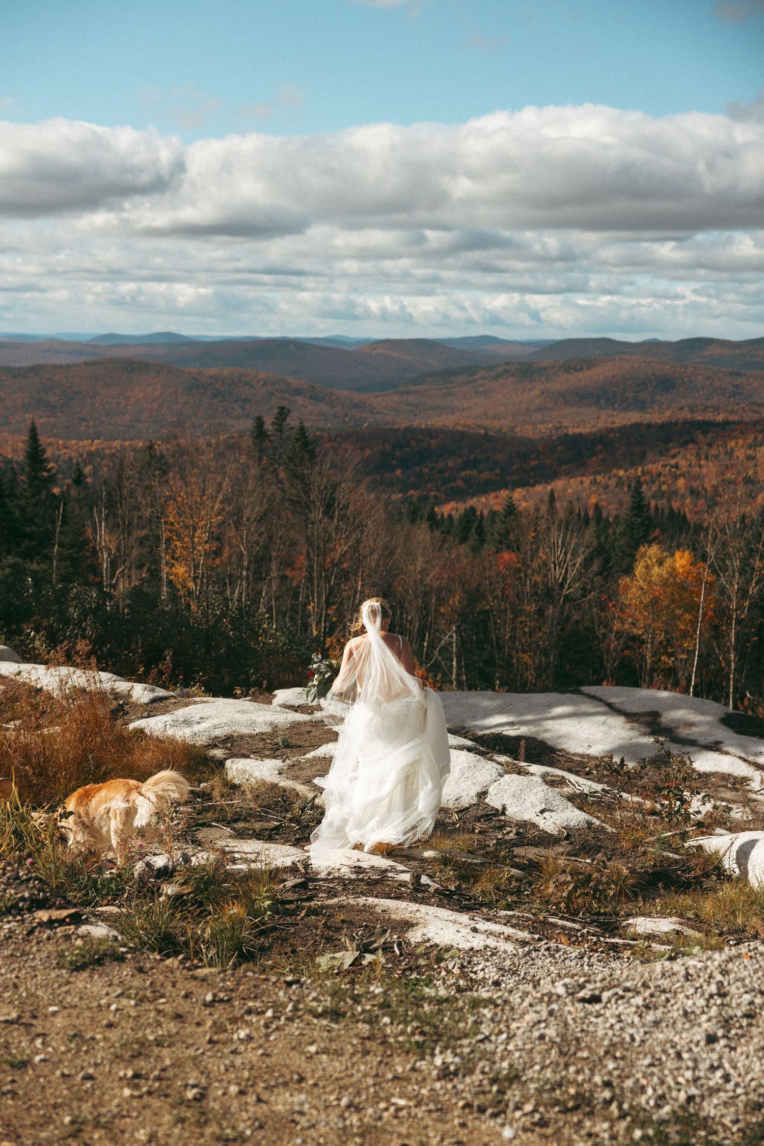 A figure in a flowing white dress stands on a snowy mountain overlook with autumn foliage and rolling hills in the distance.