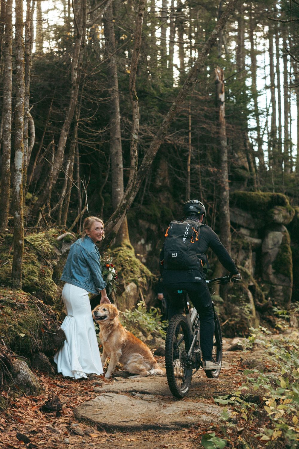 A couple and their dog sit together on mossy rocks in a serene forest setting during an outdoor photoshoot.