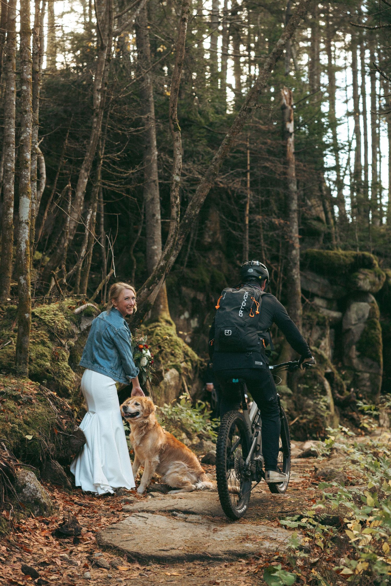 A couple and their dog sit together on mossy rocks in a serene forest setting during an outdoor photoshoot.