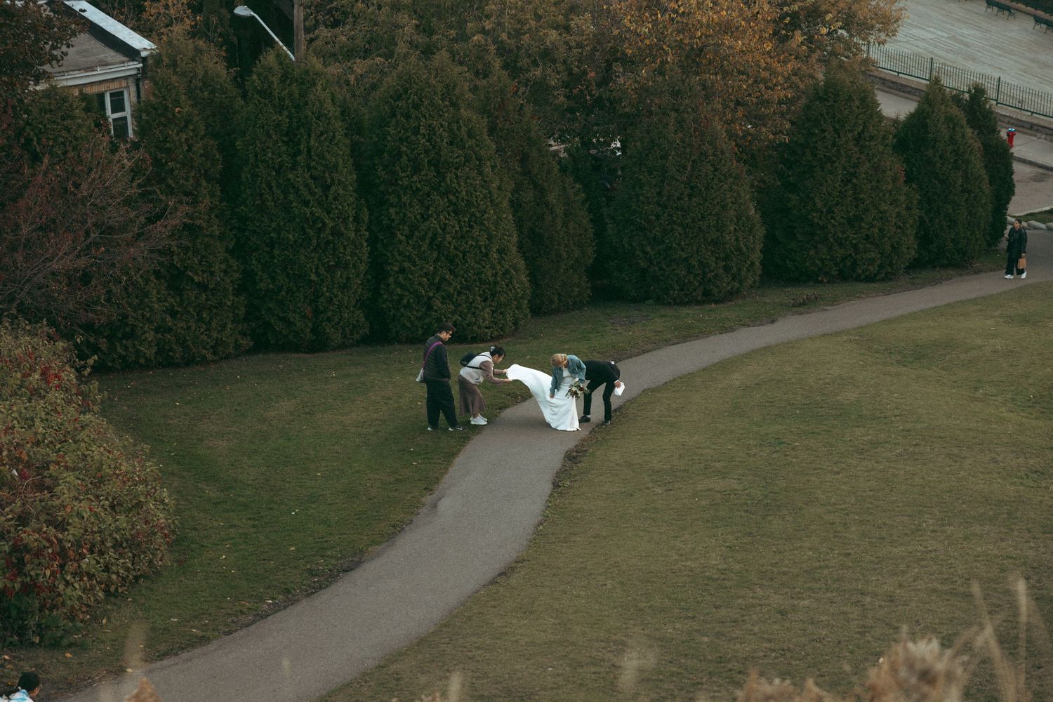 A scenic path through a park with autumn trees and fallen leaves along a curved walkway.