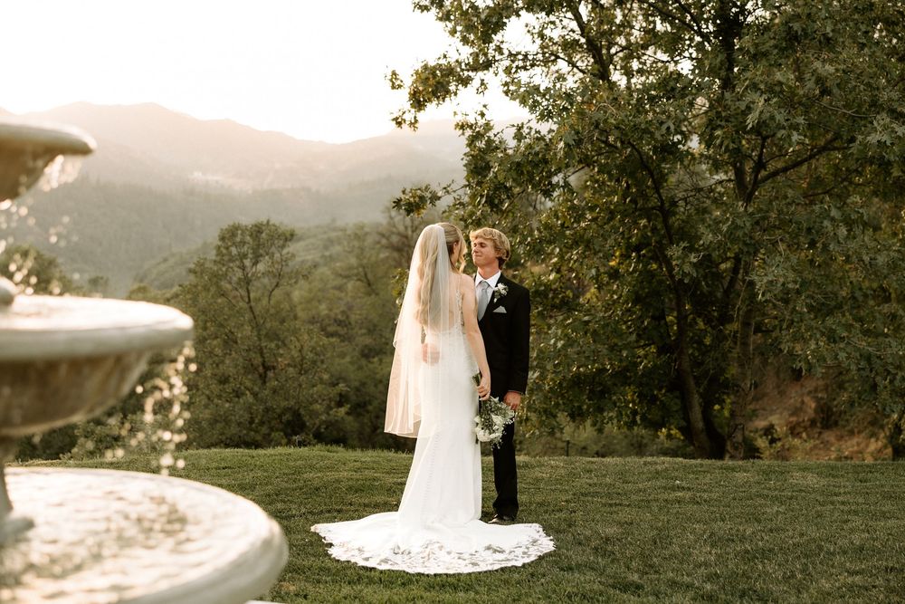 A panoramic collage of wedding photos showing a bride and groom in an outdoor garden setting with mountain views.