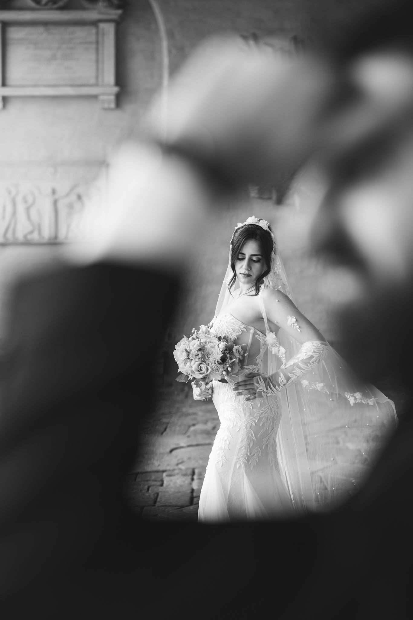 A series of black and white artistic photographs showing a figure in white dress creating an ethereal, dreamy effect.