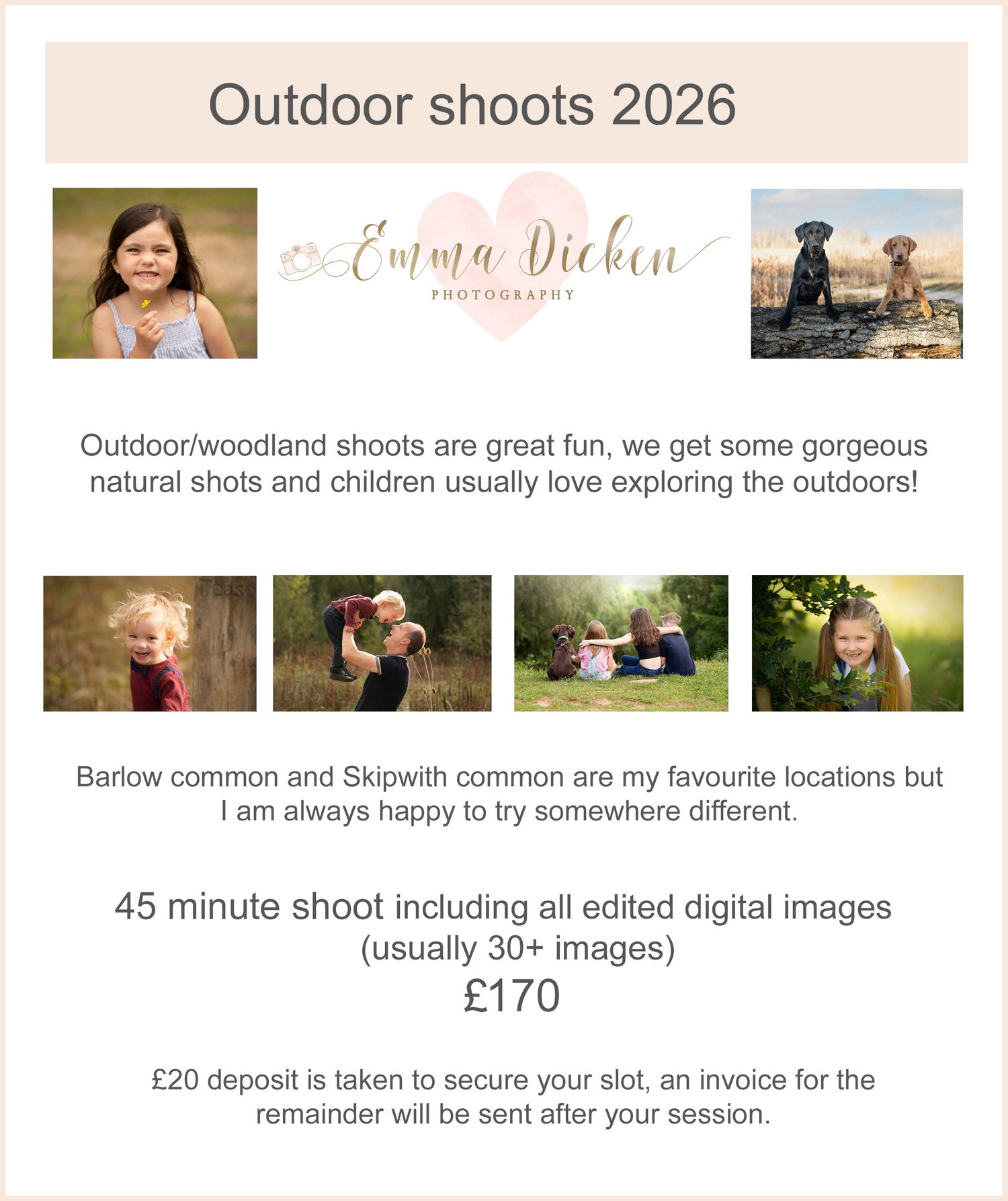 Photography session pricing for outdoor woodland photoshoots at Emma Dicken Photography, Selby
