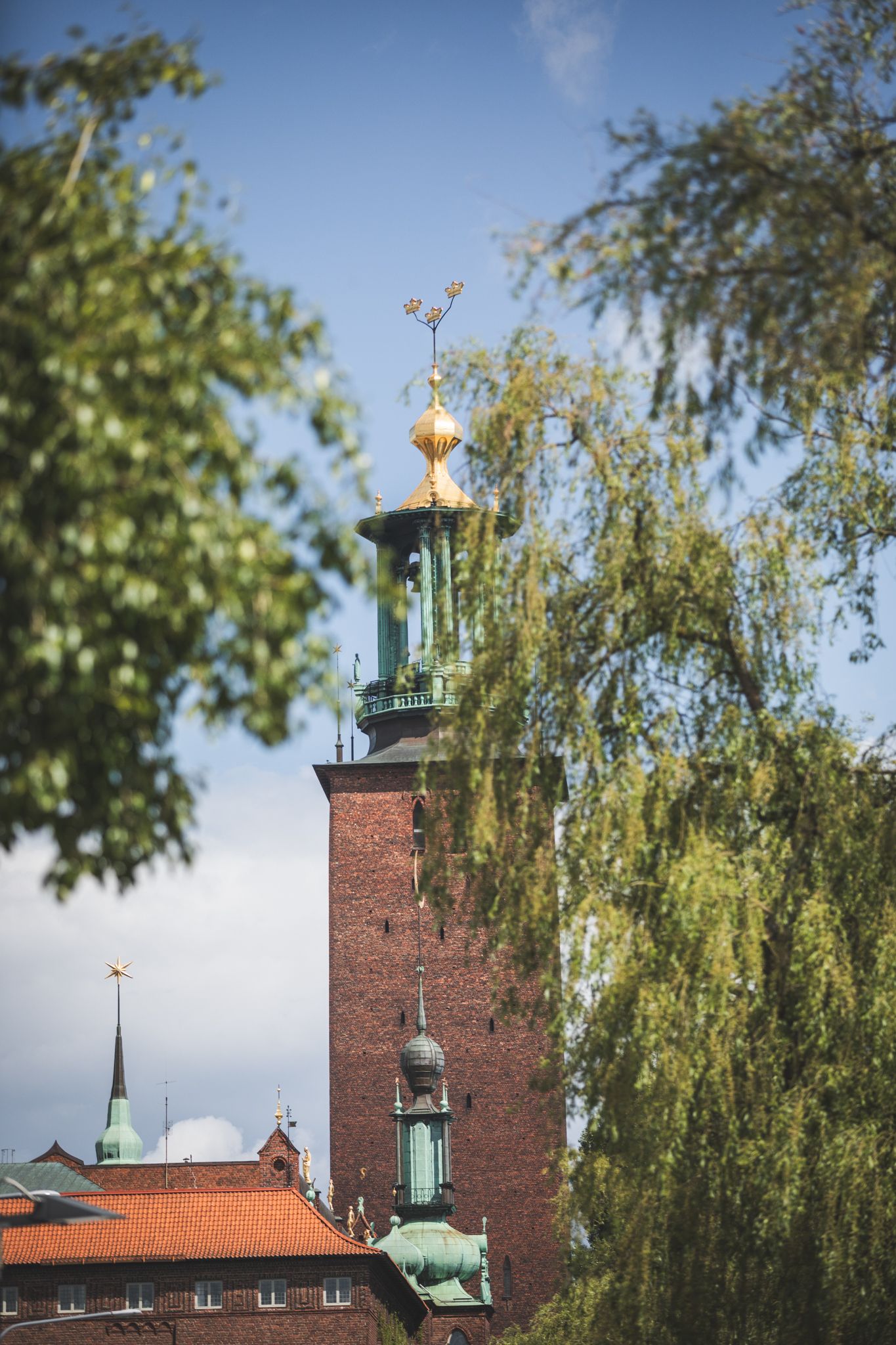 Historic brick tower with green copper dome and ornate spire photographed through willow tree branches against blue sky.