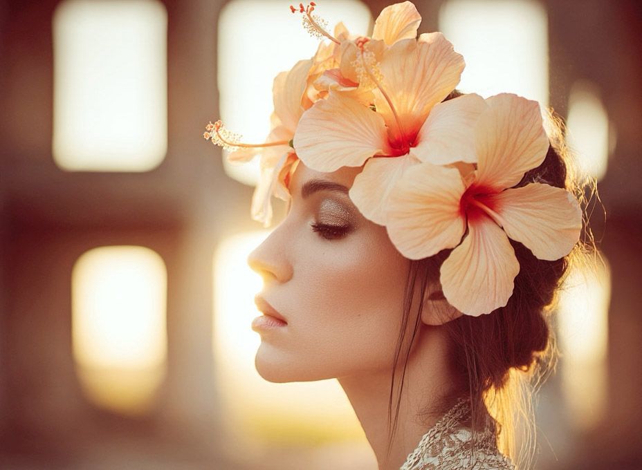 Dreamy bridal portrait with soft bokeh lighting and delicate pink hibiscus flowers creating an ethereal mood.