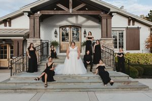 Wedding photo sequence showing couples posing on rustic building steps with architectural details.