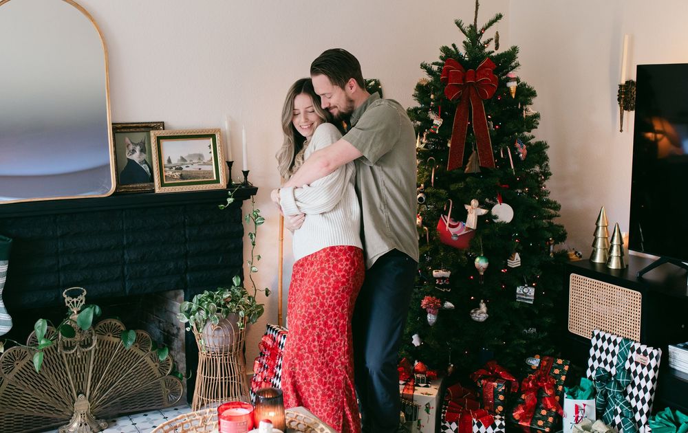 A festive holiday scene with a decorated Christmas tree, wrapped presents, and intimate moments captured in a collage.