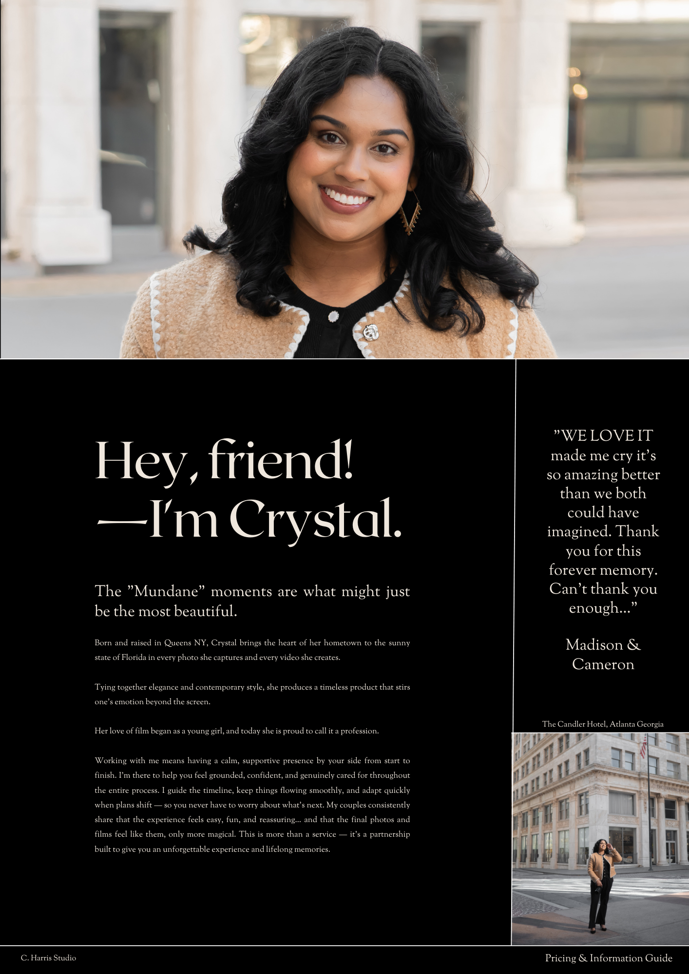 Professional photography website homepage featuring a welcome section with text and a portrait against a light background.