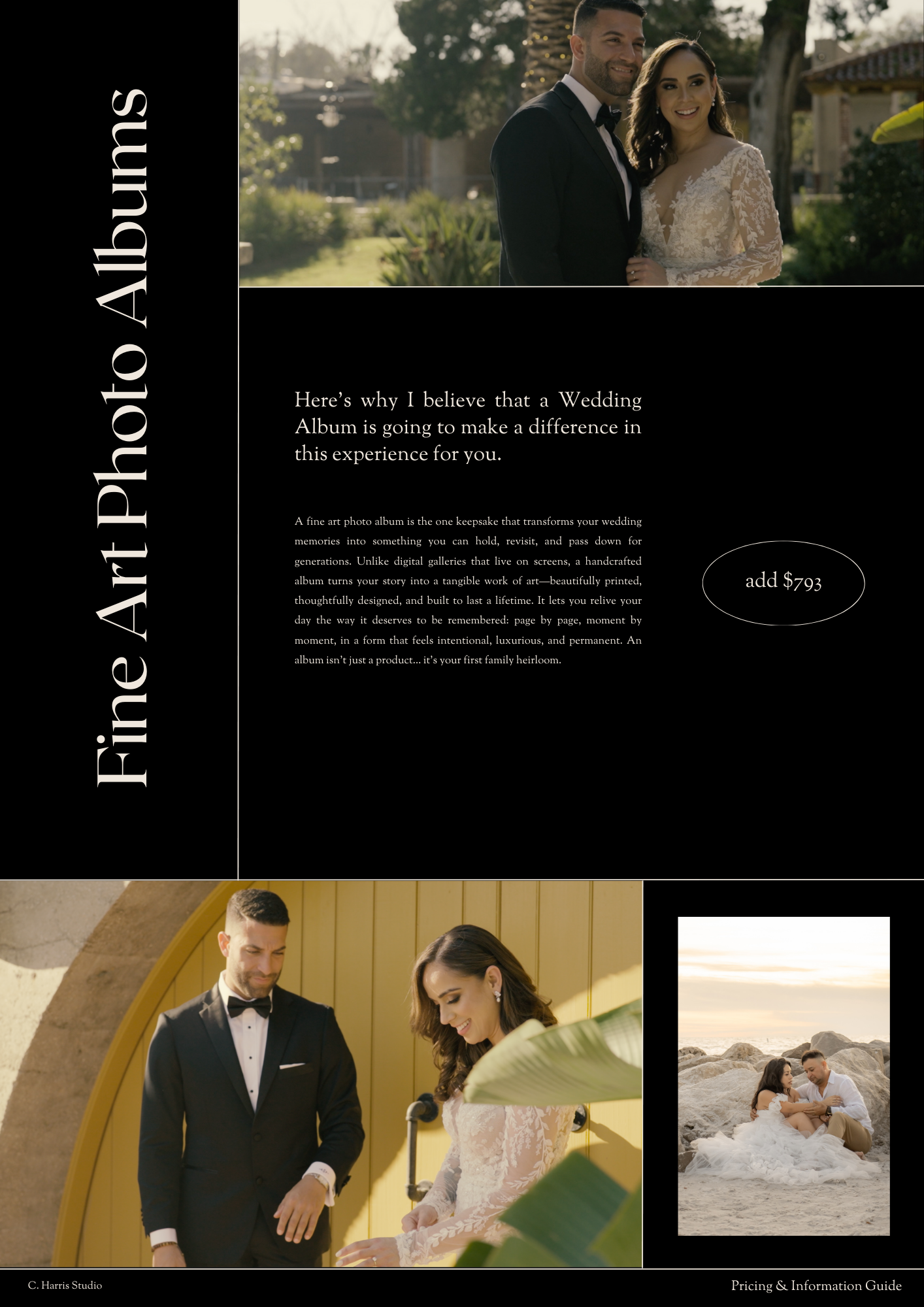 A collection of wedding photography portfolio images arranged in a grid layout with black and beige color scheme.
