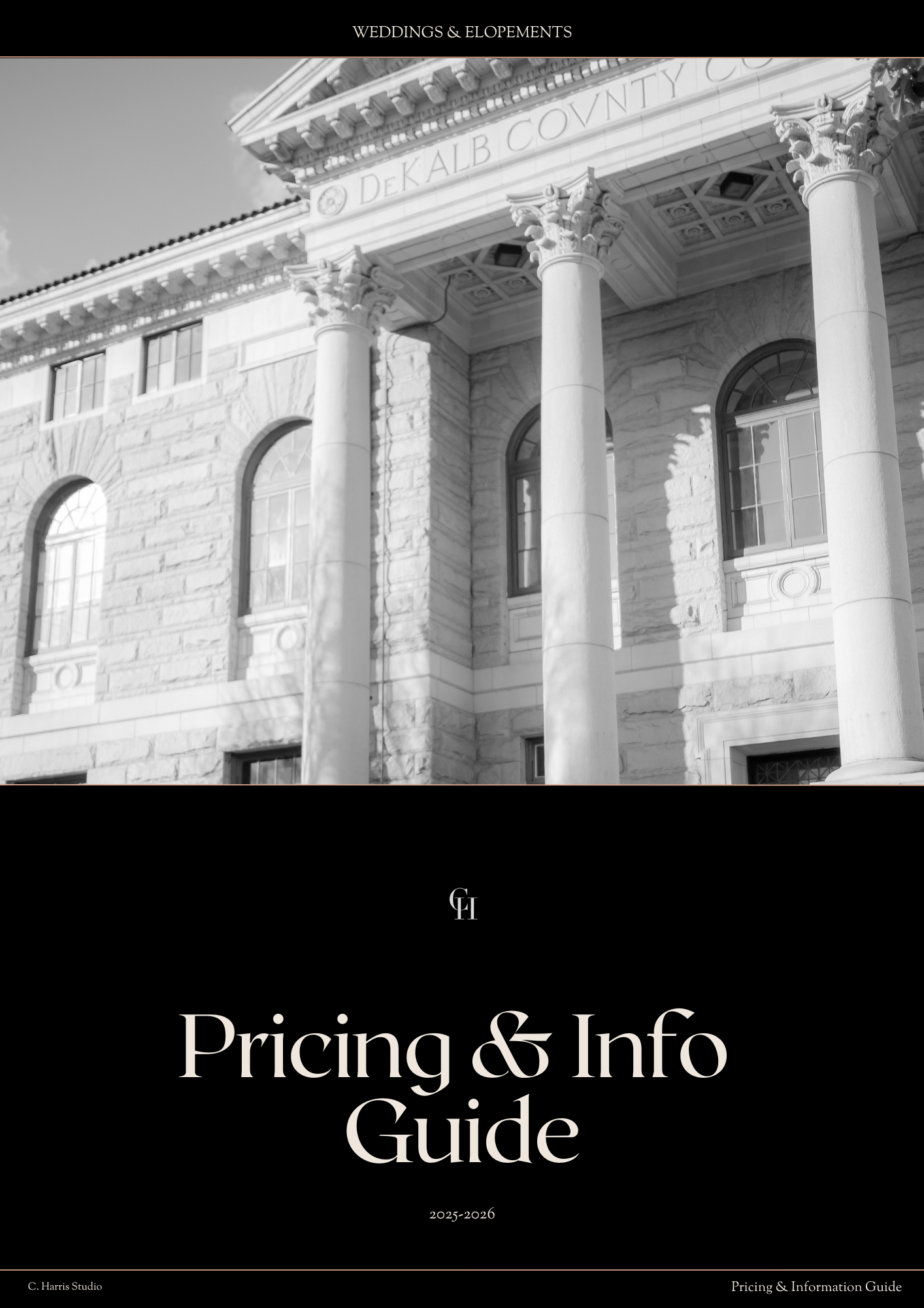 Black and white architectural photo of a neoclassical building with tall columns and 'Pricing & Info Guide' text overlay.
