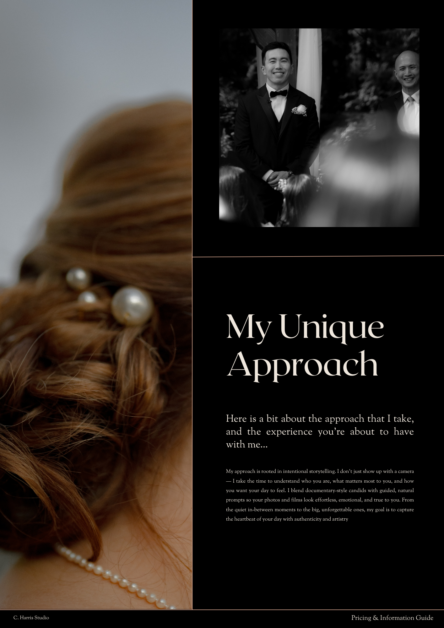 A wedding photography layout featuring a black and white portrait and elegant bridal hair details with pearls.