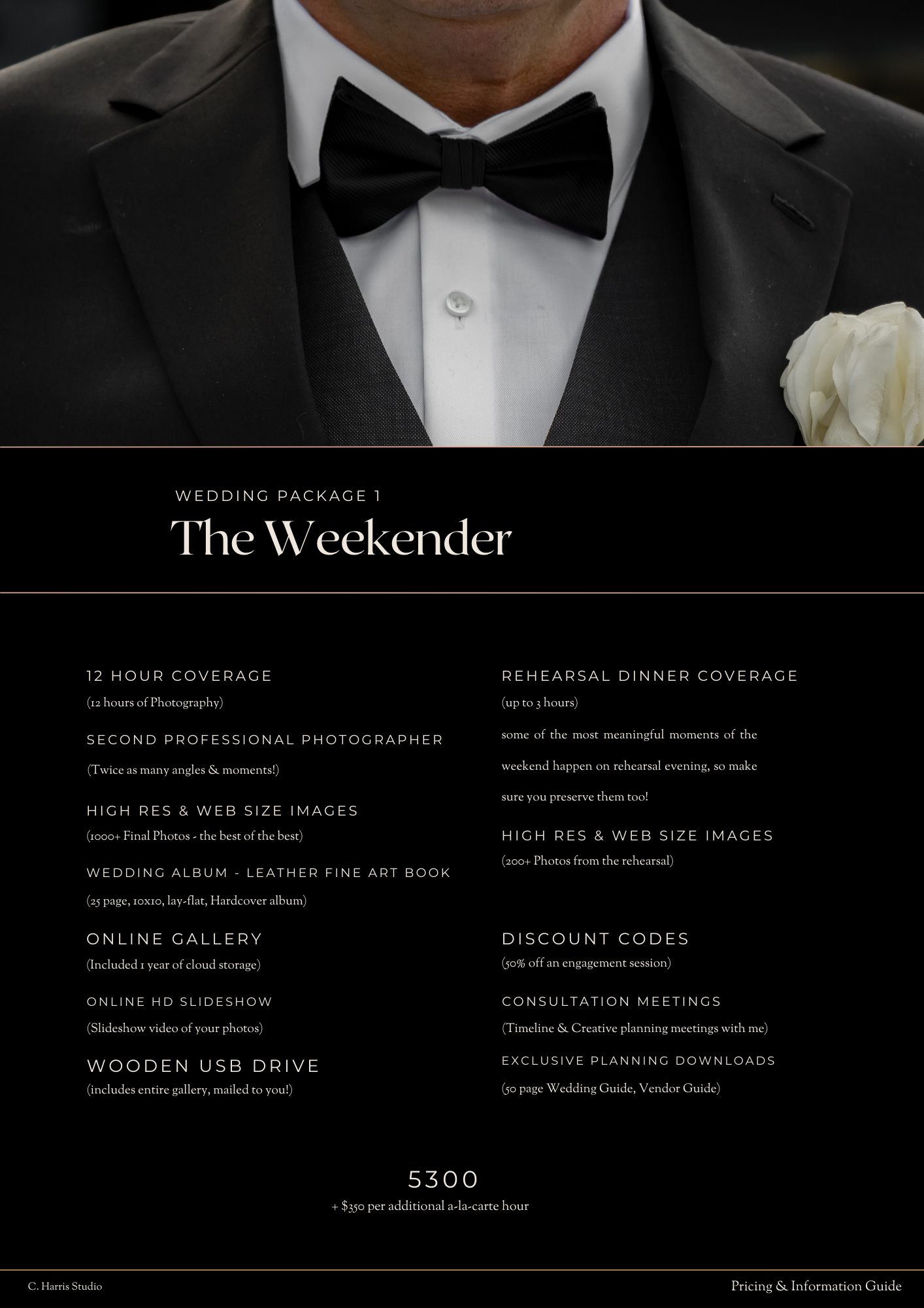 Wedding photography package pricing menu showing details for 'The Weekender' package with black bow tie and white boutonniere.