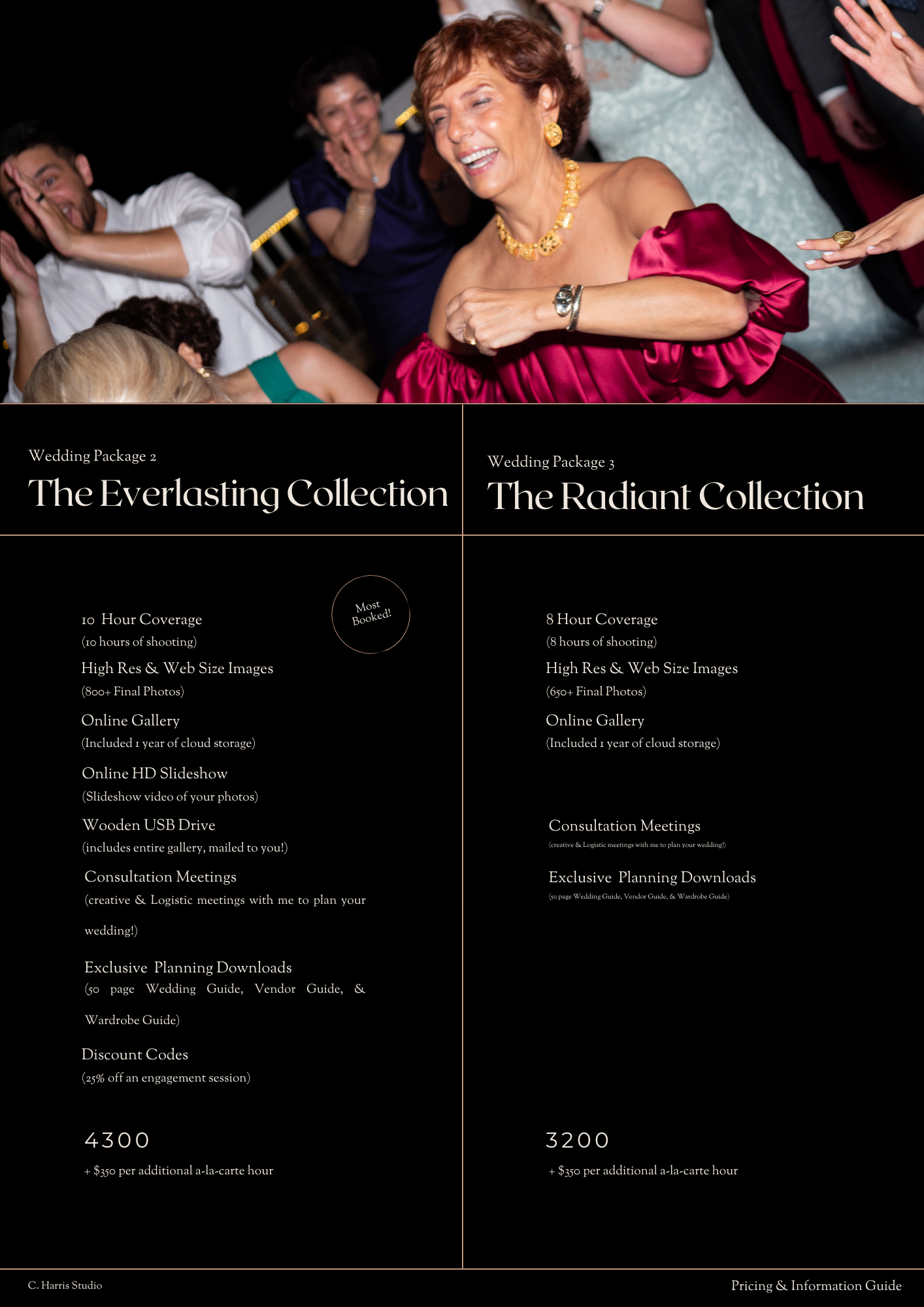 Wedding photography pricing guide showing collections and packages with black and white design elements.