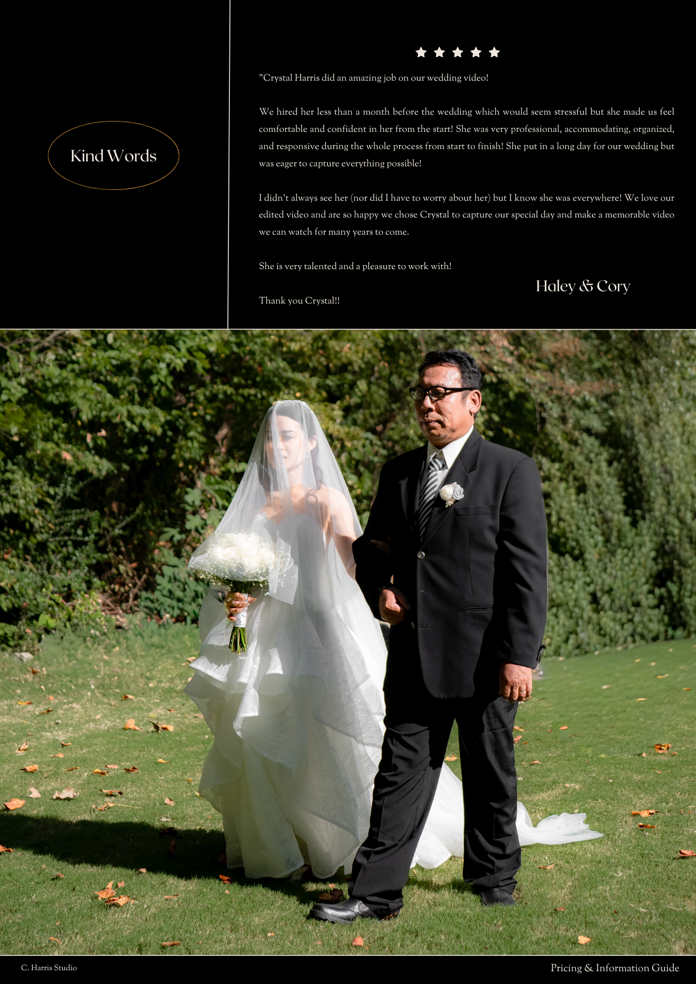 Wedding testimonial page showing a couple in formal attire on a sunny lawn with green foliage background.